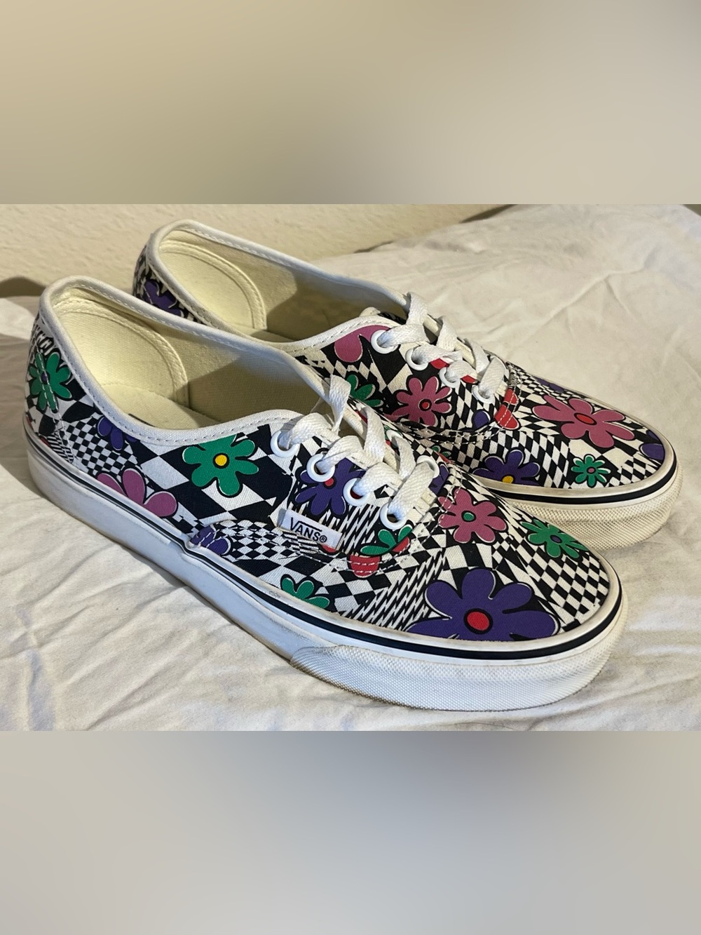 Vans Authentic Checkerboard Flower Floral Printed Marshmallow Sneakers Shoes
